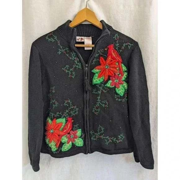 Poinsettia and cardinal holiday zip up cardigan sweater, black women's size 12 - Picture 4 of 9